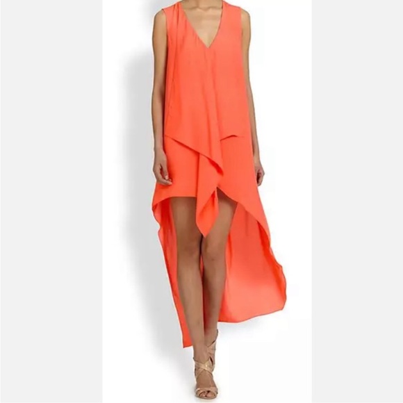 BCBGMaxAzria TARA sleeveless cascading coral chiffon high low shift dress M - Picture 2 of 10